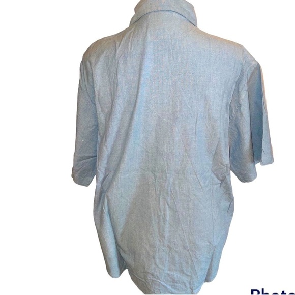 JUST Class light denim blouse with embroidered flowers, all cotton, L, NWOT - Picture 7 of 7